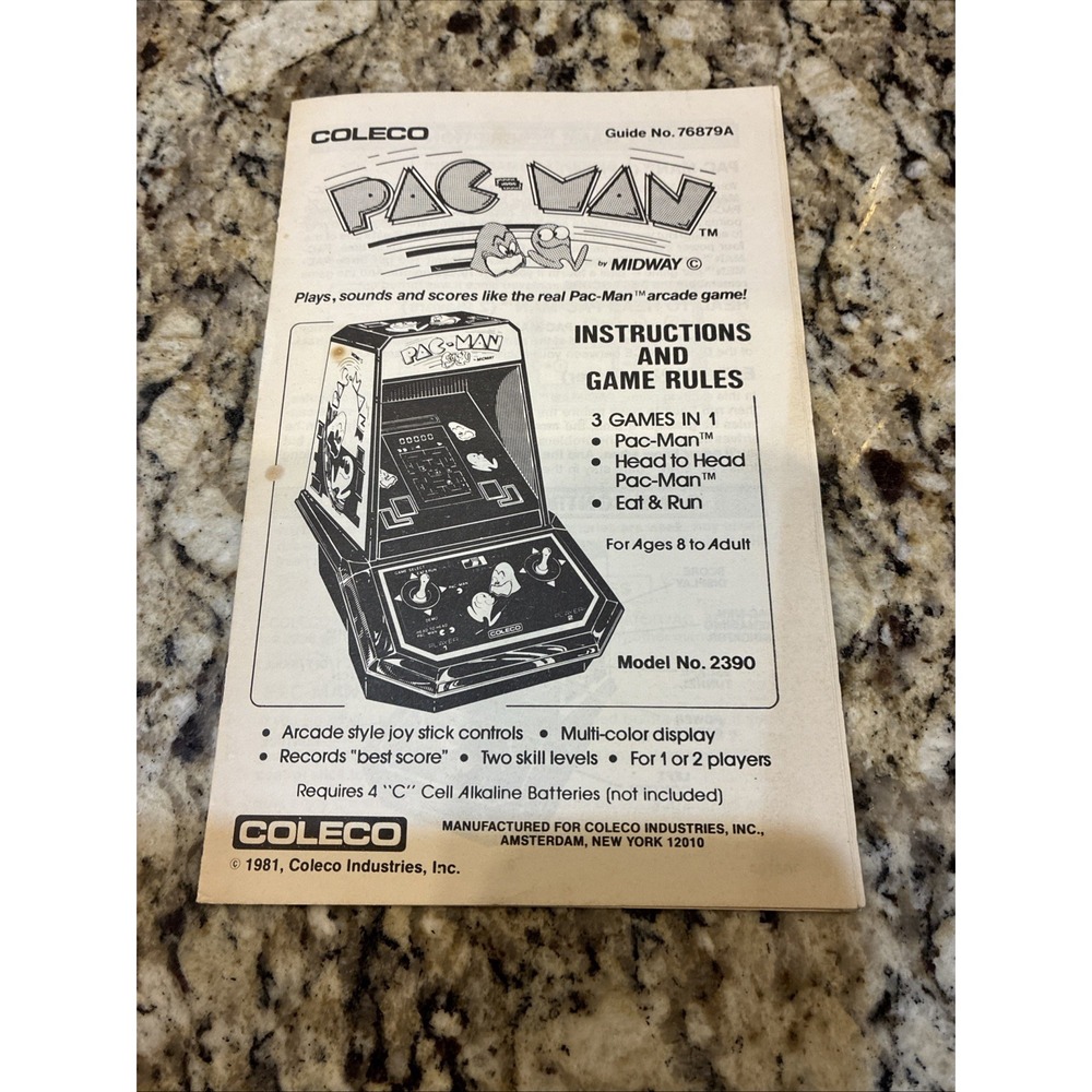 Pac-Man Manual 1981 Guide No 76879A Model No 2390 Coleco Industries Instructions